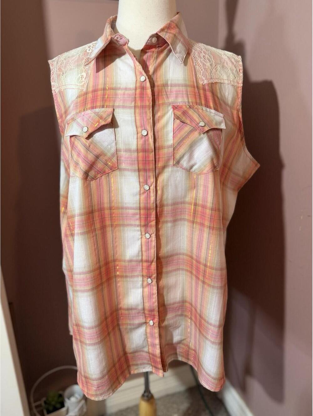 Wrangler Wrancher Pearl Snap Sleeveless Shirt Size XXL Peach/Pink Plaid Lace